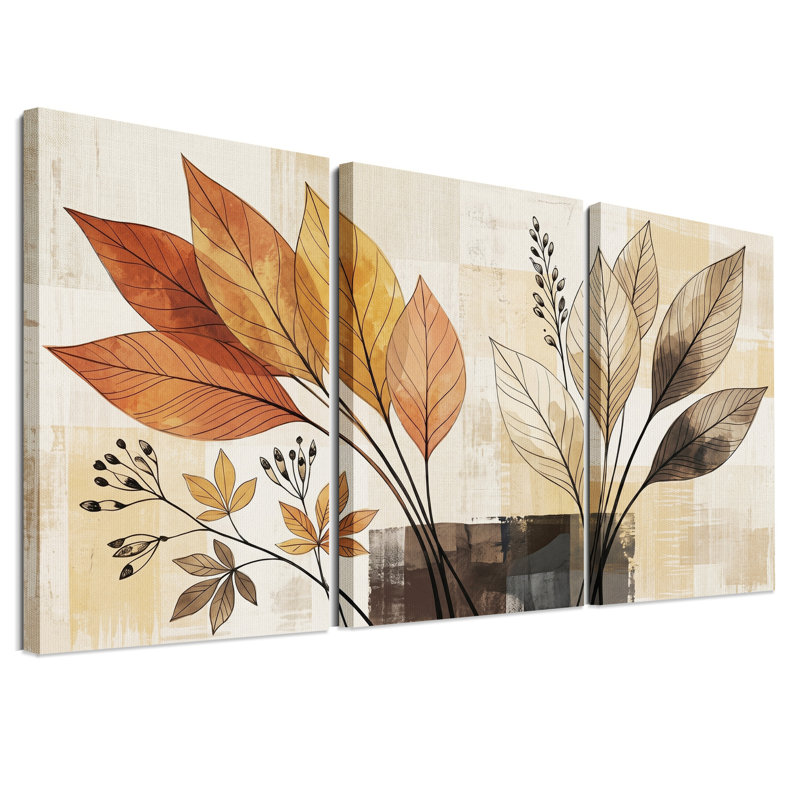 Ensemble de 3 toiles murales patchwork à motifs de feuilles botaniques rouille et beige, H 18 po x l 12 po x 3 pièces