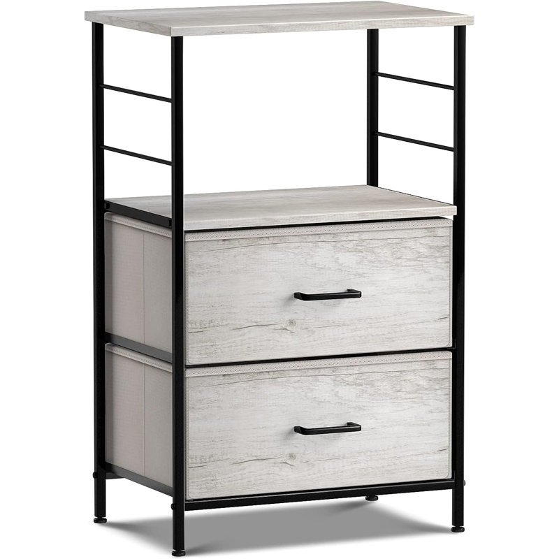 Table de chevet à 2 tiroirs et tablettes Sorbus avec structure en acier, plateau en bois et bacs en tissu rustique - crème