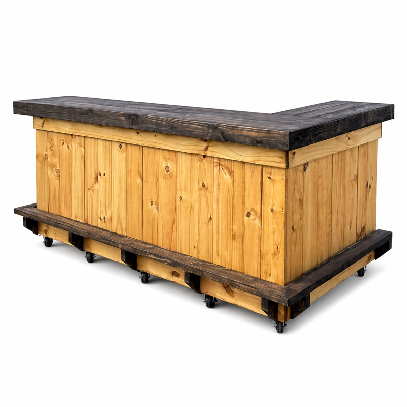 Station de barman en bois en forme de L 8 pi avec tablettes, repose-pieds et finition teintée