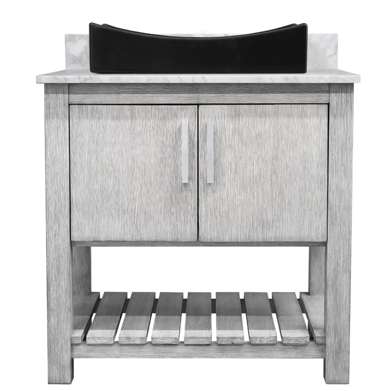 Meuble-lavabo de 30 po avec comptoir en marbre de Carrare, lavabo en porcelaine, quincaillerie en nickel brossé