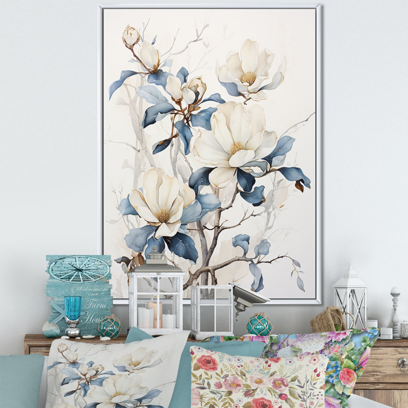 «Magnolias III» peinte en bleu et blanc sur toile, Cadre flottant blanc, H 40 po x l 30 po x P 1,5 po
