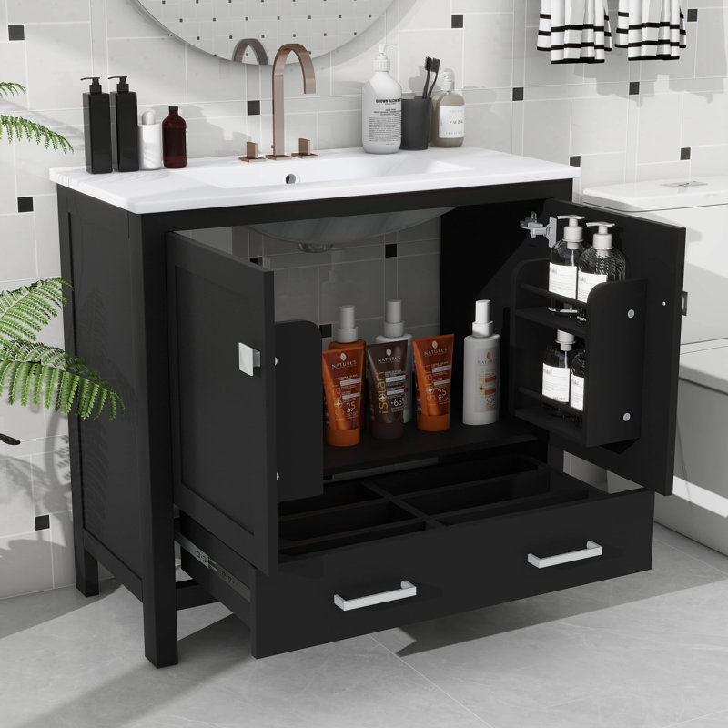 Ensemble de meuble-lavabo élégant avec lavabos en céramique et tiroirs cloisonnés, Ensemble central de 4 po, 36", Noir