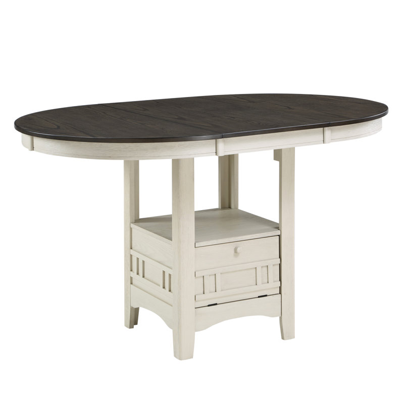 Table de salle à manger à hauteur de comptoir blanc antique et brun rosé avec rangement et rallonge, rallonge de style décontracté