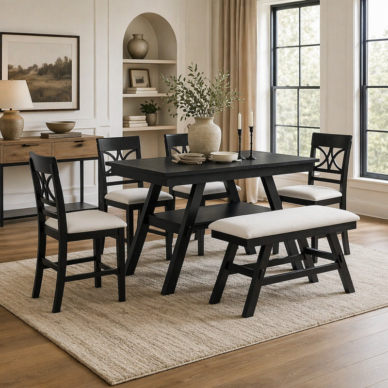 Ensemble de table de salle à manger 6 pièces à hauteur de comptoir en bois avec tablette de rangement, ensemble de table de cuisine avec banc et 4 chaises, style rustique, espresso + coussin beige