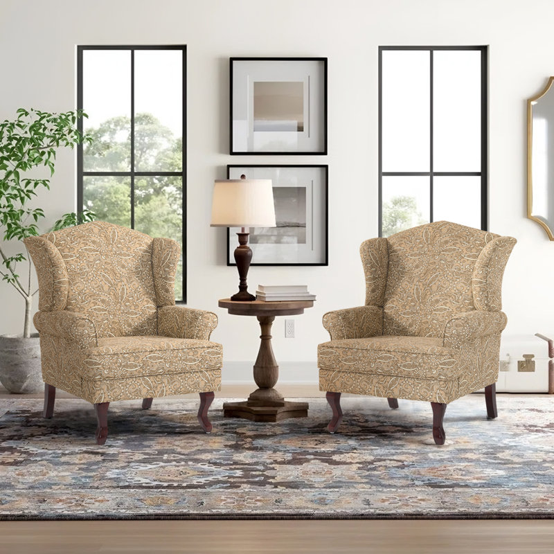 Duward Upholstered Paisley Brown Linen Wingback Accent Chair with Rolled Arm and Solid Wood Leg (Set of 2)