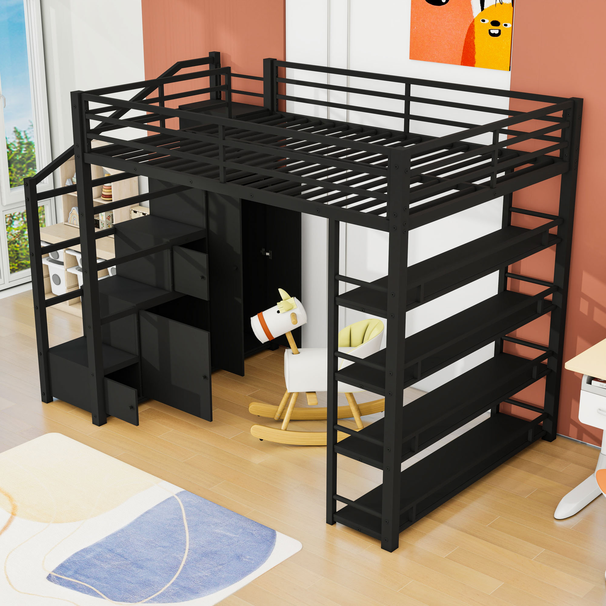 Isabelle & Max™ Full Metal Loft Bed With Shelves, Wardrobe And Cabinets ...
