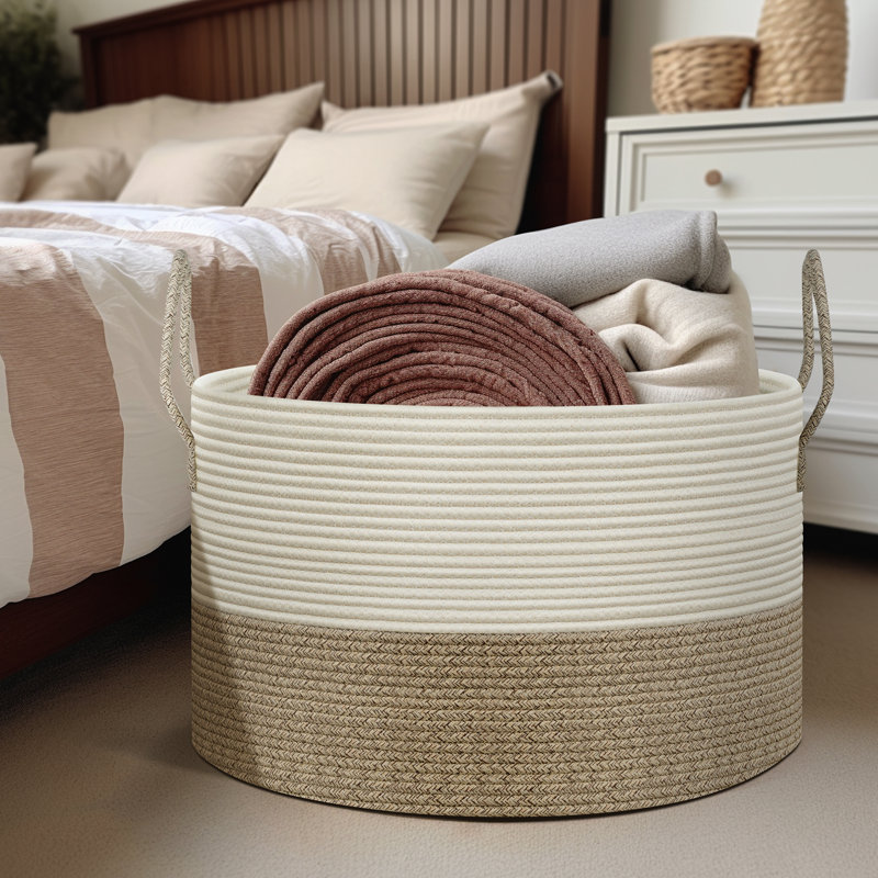Extra Large Basket for Blankets - 21.7"D X 13.8"H Rope Laundry Basket Toy Baskets Storage Kids, Throw Blanket Baskets, Brown
