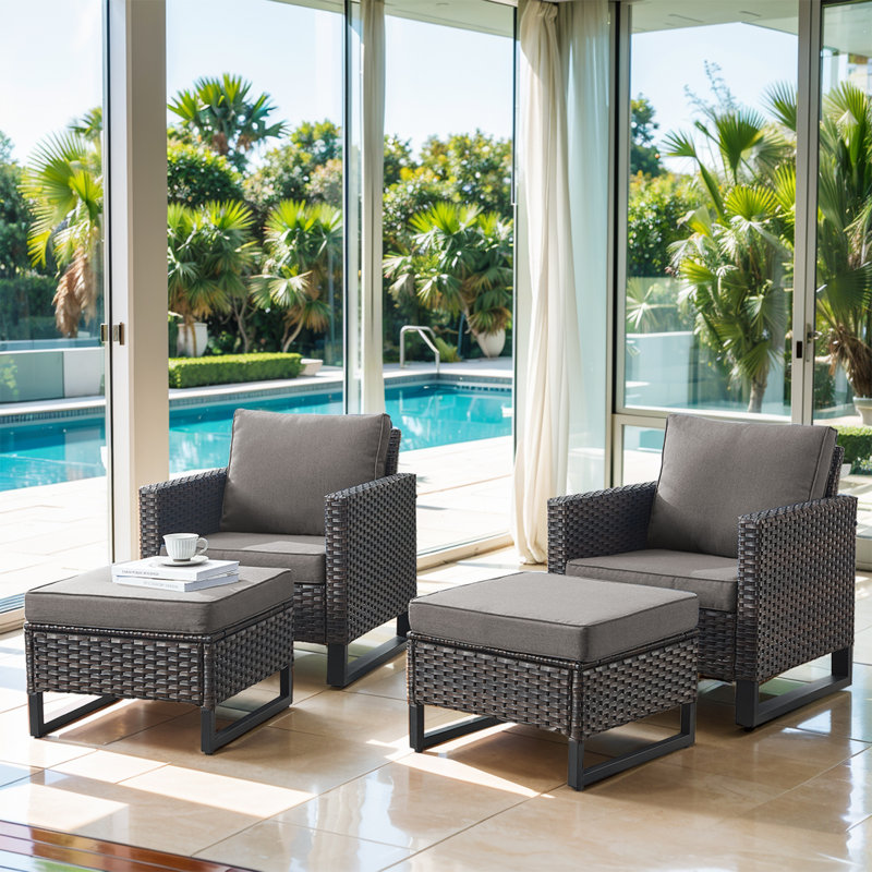 Nazime Outdoor Patio Chairs With Ottomans (Set Of 2), Brown, Gray