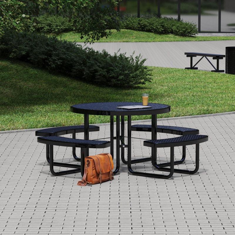 Leisure Craft 46" Round Outdoor Picnic Table with 4 Bench Seats, Black