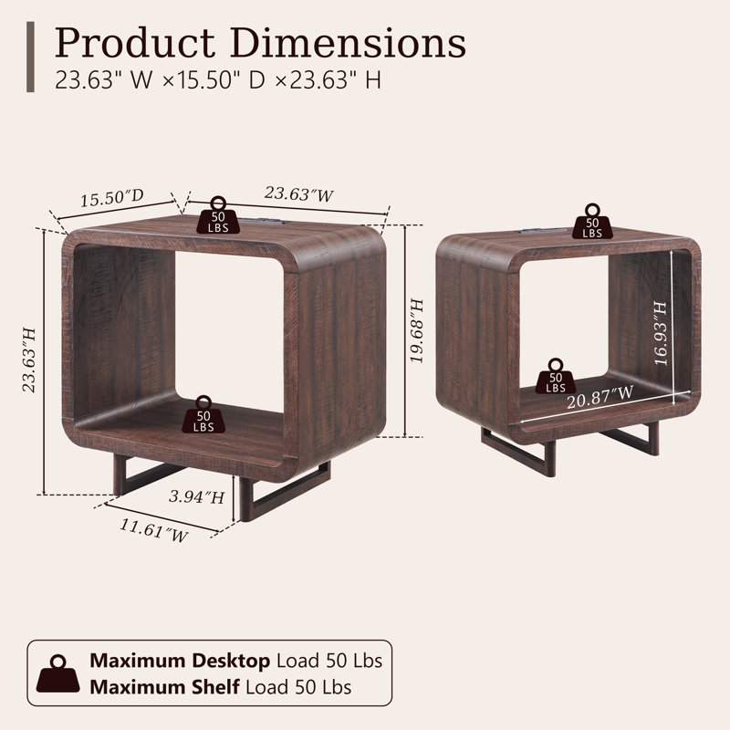 Ensemble de 2 tables de bout modernes à 2 niveaux avec station de charge et tablette de rangement ouverte Abrianna, 2, Brun
