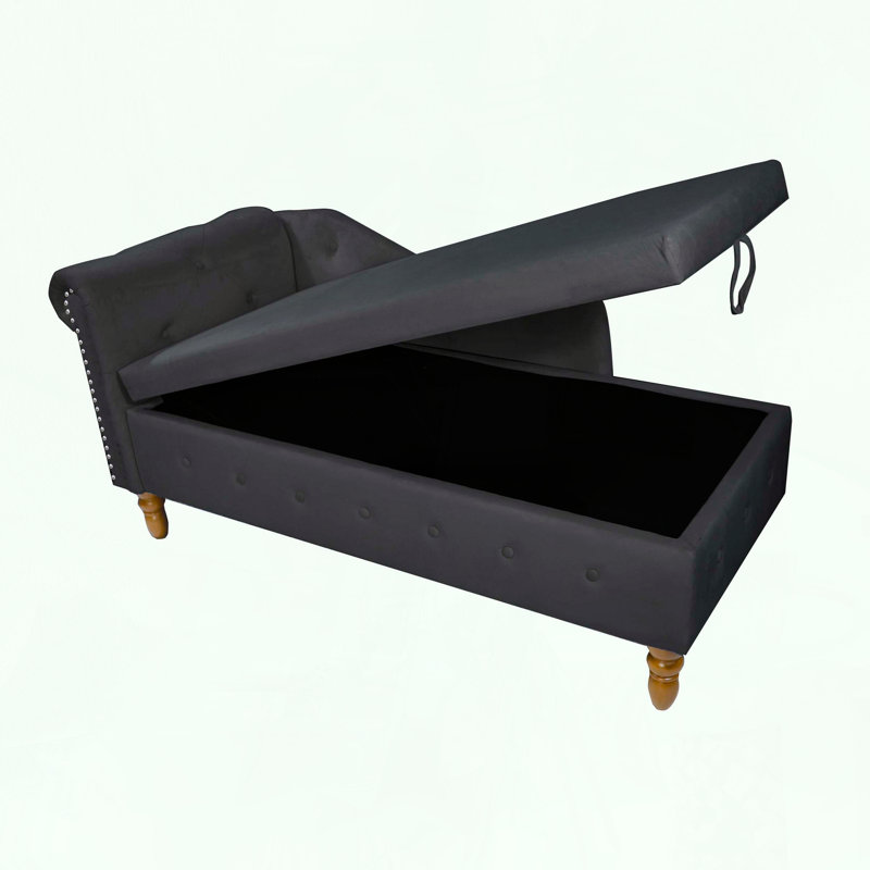 Chaise longue en velours avec rangement, coussin et garniture cloutée, Noir