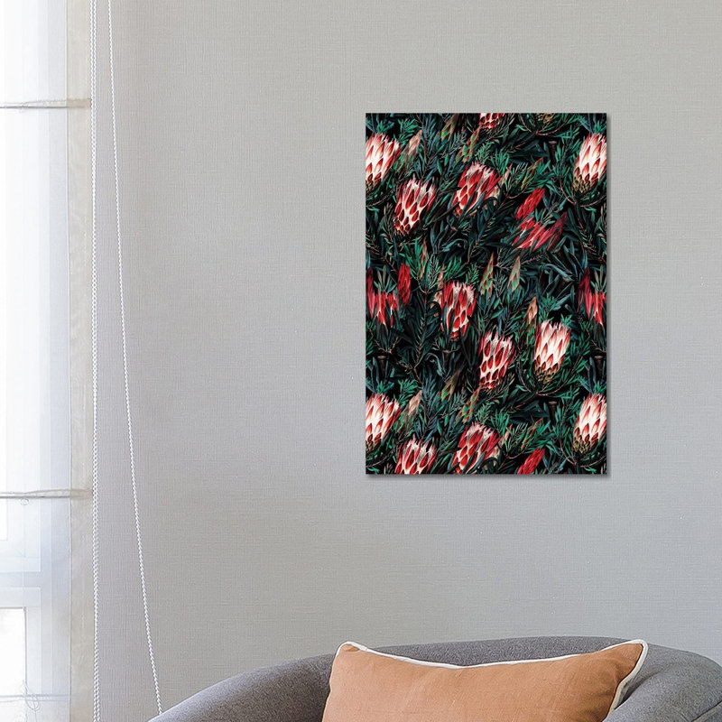Protea Floral Night Pattern by Burcu Korkmazyurek - Wrapped Canvas Painting, 66.04 cm H x 45.72 cm W x 3.175 cm D