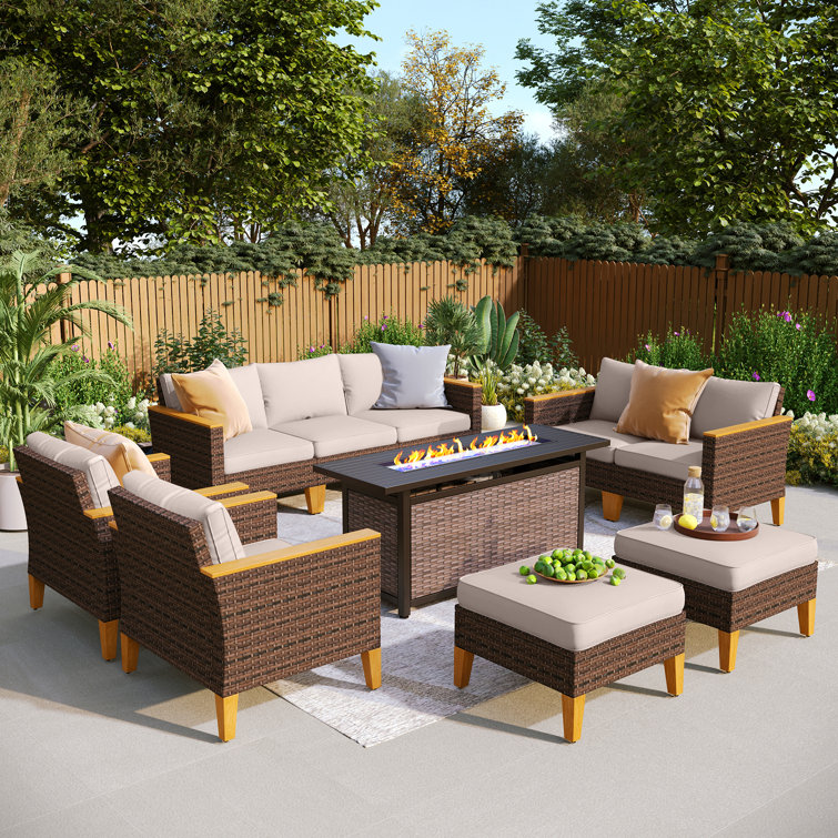 Argyri 9-Piece Wicker Outdoor Patio Conversation Furniture Sectional Set with Fire Pit Table