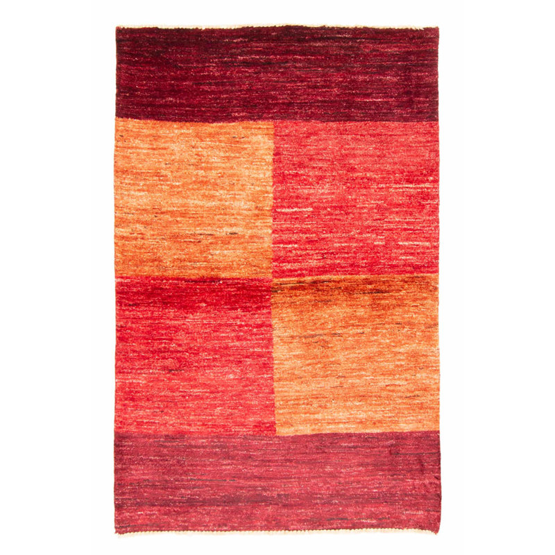 Tapis rouge en laine noué à la main de conception unique 3 pi x 4 pi 11 po Nueva