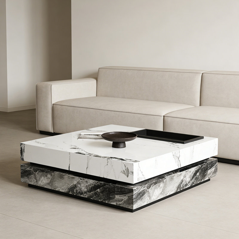 Table basse carrée sur pied avec plateau, Blanc / Gris, H 13,77 po x L 39,37 po x l 39,37 po, Noir