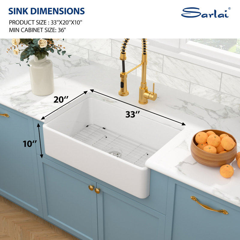 33" L x 20" W Ceramic Single Bowl Farmhouse/Apron Front Kitchen Sink with Basket Strainer, White