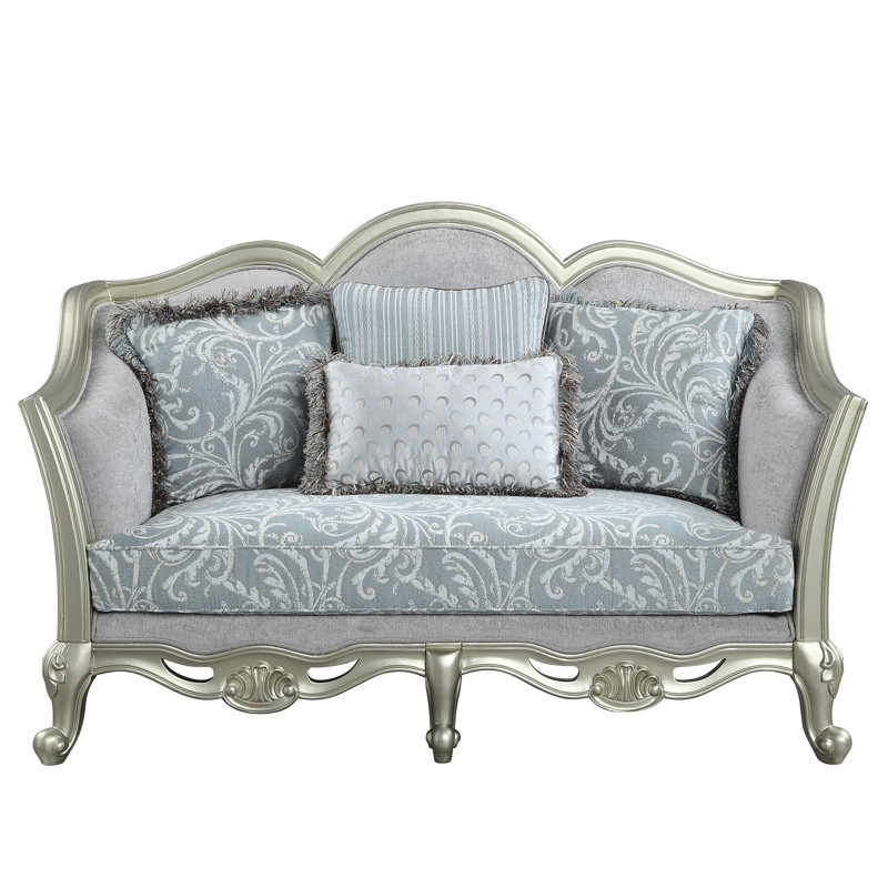 66" Light Gray Linen Loveseat with Champagne Wood Trim