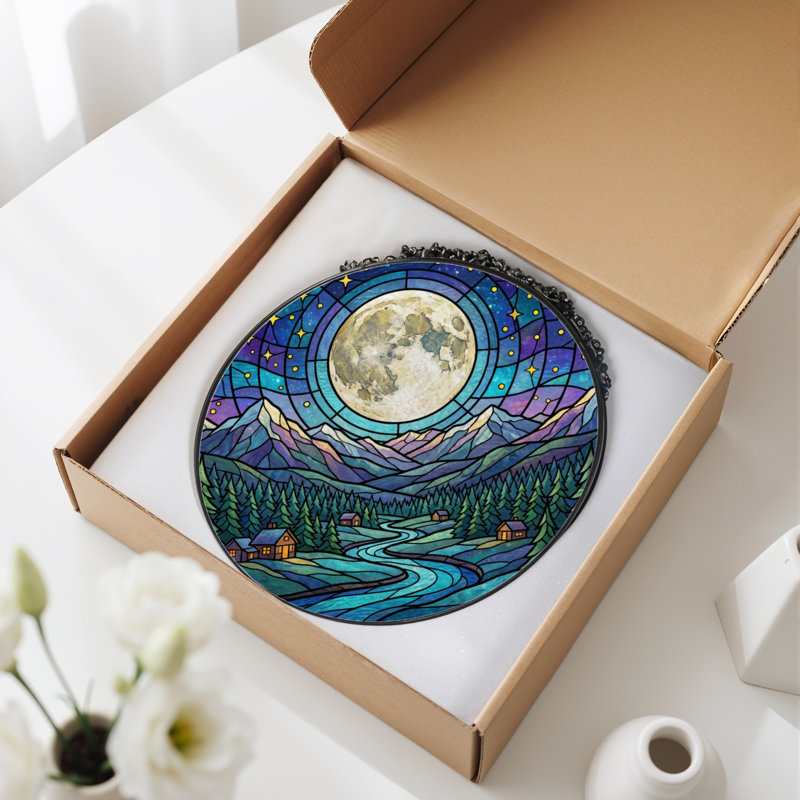 7.8"H Moonlight Mountains Stained Glass Window Panel, 7.8" H x 7.8" W