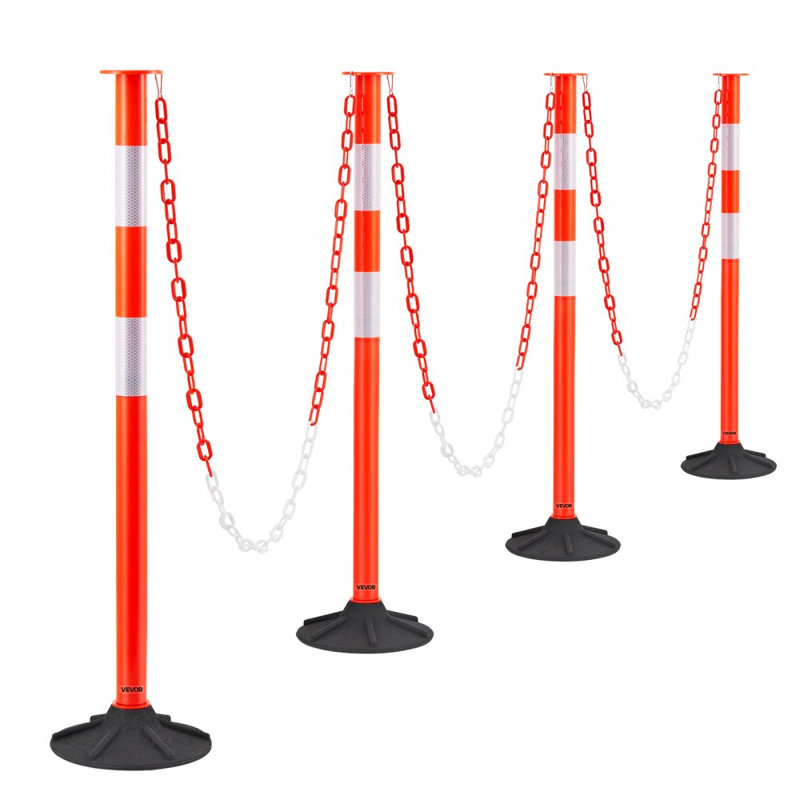 Poteaux de délimitation de la circulation, cônes de sécurité de la circulation de 34 po avec base lestée, bandes et chaînes réfléchissantes, poteaux de délimitation robustes pour chantier de construction, parc de stationnement, contrôle des foules, rouge