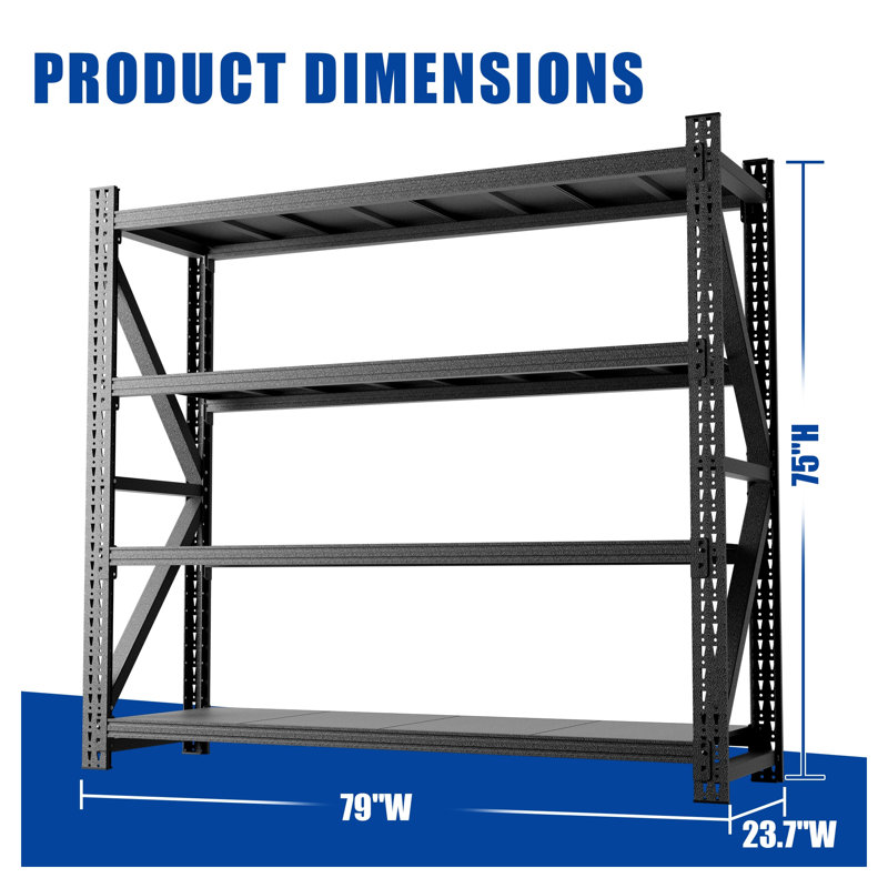 Heavy Duty Metal Adjustable Garage Shelving Unit, 79"W x 75"H, 4-Tier Industrial Storage Rack, Black