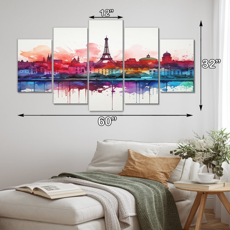 «Paris Skyline Eiffel Tower Vibrant Watercolor - City Paris Wall Art Print - 5 Panels