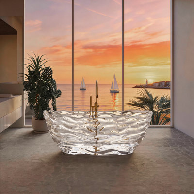 69" Freestanding Soaking Tub, Solid Surface Bathtub with Luxurious Marble Vein Finish