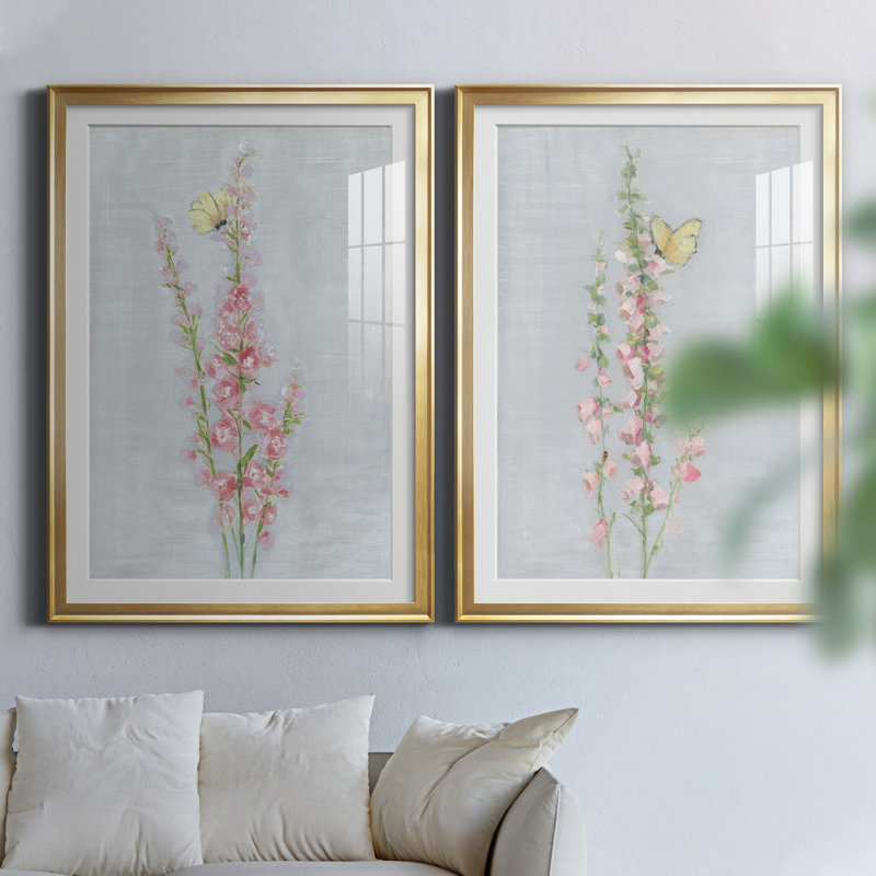 Foxglove Garden I - ensemble de 2 reproductions d'art, H 26,5 po x l 73 po x P 1,5 po, Papier encadré doré, Blanc