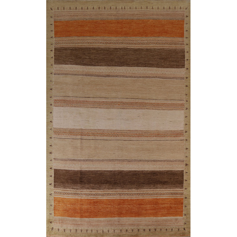 Tapis rectangulaire unique en laine noué à la main 7 pi 11 po x 11 pi 7 po New Age beige / brun / orange
