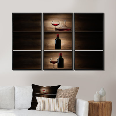 Bouteille verte avec vin rouge et verre - ensemble d'art mural sur toile