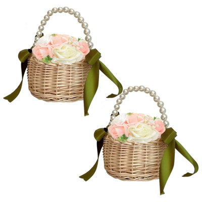 2 pièces de mariage panier de fleurs perle ruban tissé à la main panier panier de pique-nique