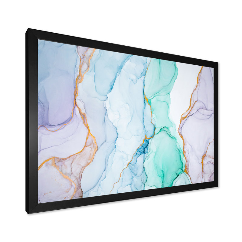 Marbre luxueux bleu et vert Flow Art - décoration murale sur toile glam, Toile avec cadre noir, H 24 po x l 36 po x P 1 po