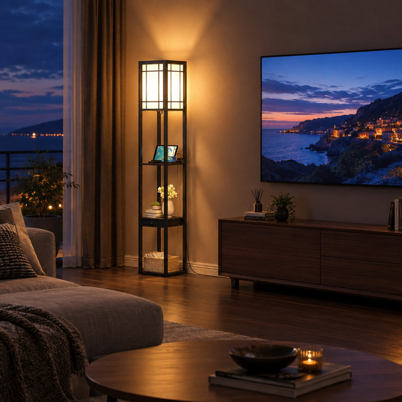 Lampe sur pied 63 pouces avec 3 tablettes, tiroir, prise de courant et 2 ports USB, chaîne de traction, noir