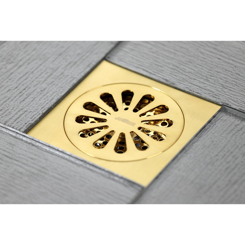 Kingston Brass Watercourse 4-Inch Square Grid Shower Drain with Hair Catcher, Brushed Brass