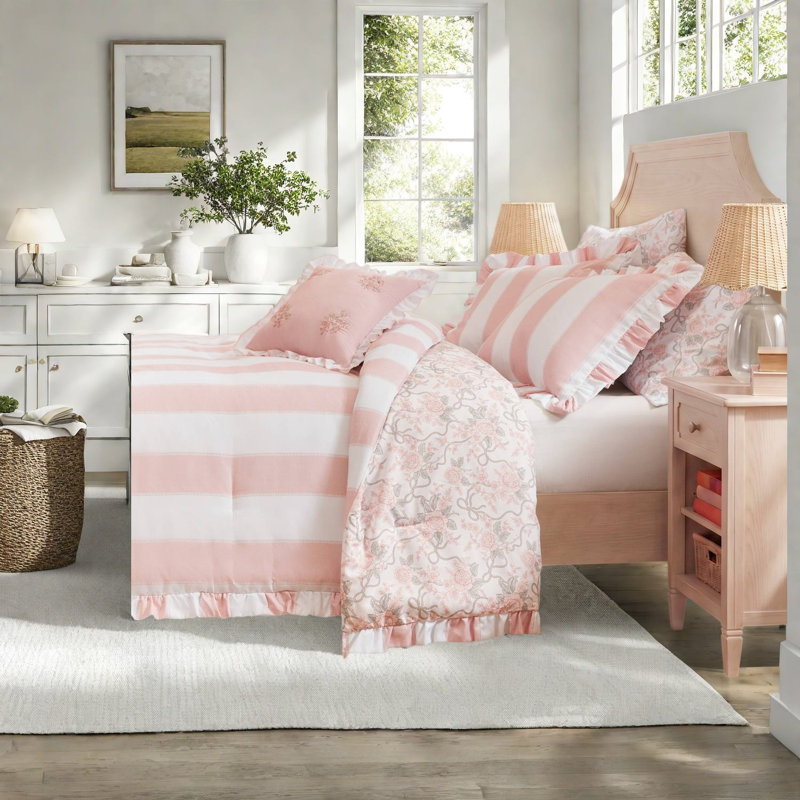 Ensemble de literie rose pour lit double/queen, couette à volants en microfibre, style toile de Jouy