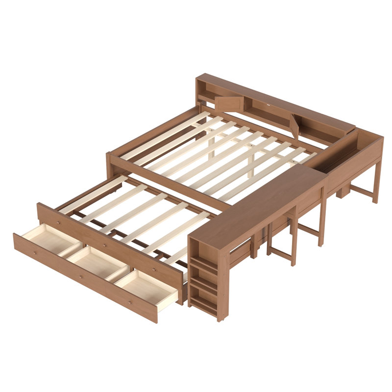 Daybed With Trundle,Wood Daybed Frame with Storage Drawers,Side Shelves and Desk, Full/Double, Brown