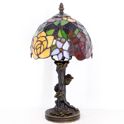 Small Tiffany Table Lamp Stained Glass Desk Lamp Red Yellow Rose Style Bedside Desk Light Mini Accent Desk Memory Lamp 8X15 Inch