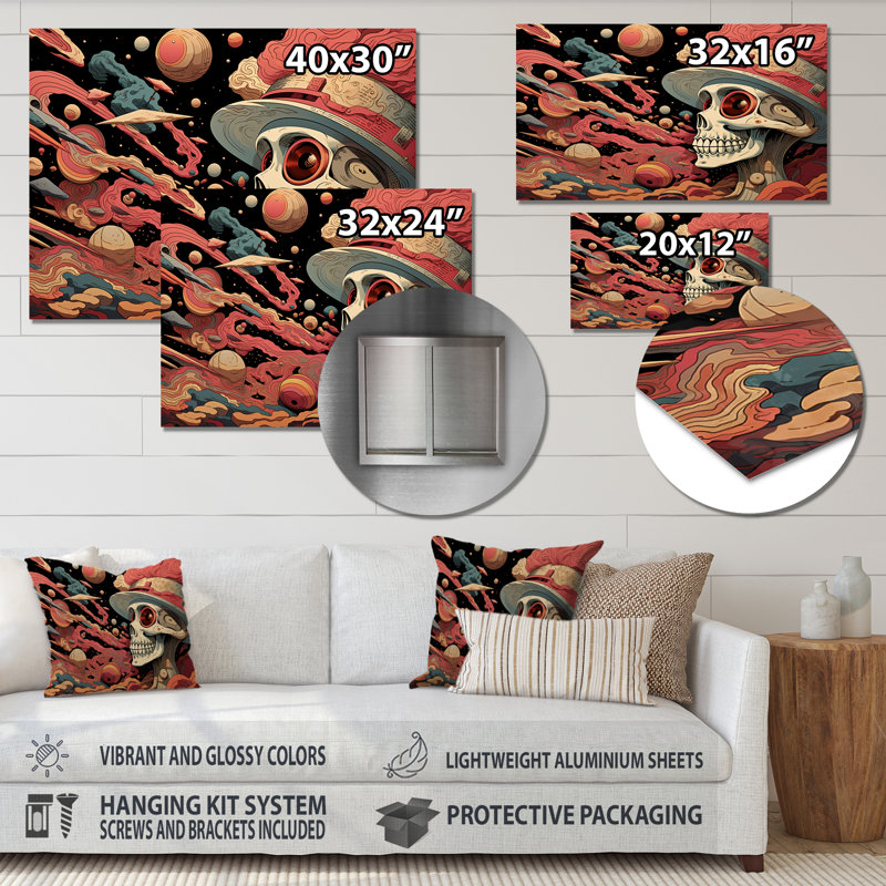 Illustration squelettique élégante du crâne à la mode I - art mural en métal mode crâne, H 24 po x l 32 po x P 1 po