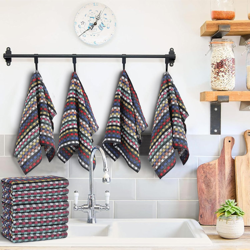 Olivia Rocco 6 PK Multi Check Terry Tea Towels, Black Multi - 6 PK