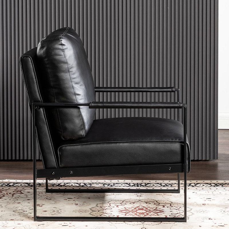 Fauteuil de style Mid-Century, fabrication en métal renforcé, fauteuil en similicuir noir pour le salon, revêtement carré en microfibre tacheté, pièce, chambre à coucher, bureau personnel