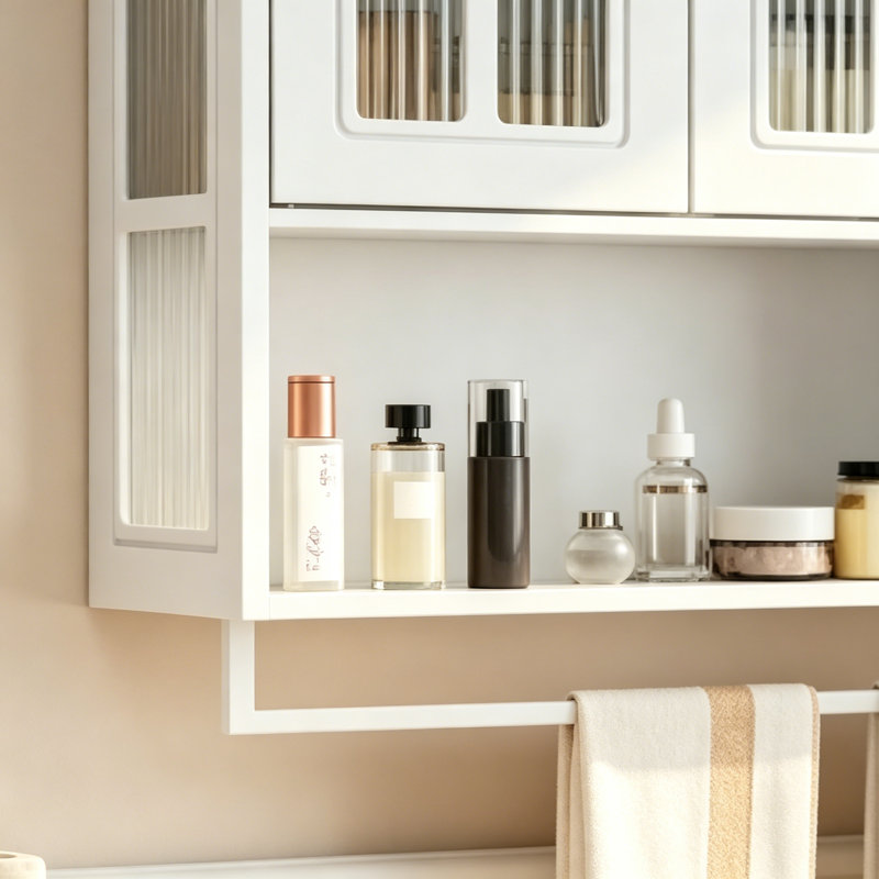 Bathroom Wall Cabinet, 3-Door Wooden Wall Cabinet With Open And Hidden Storage Space, Medicine Cabinet With Glass Door And Towel Bar