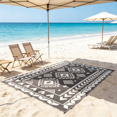 108" x 216" Outdoor Patio Rug Waterproof – Extra Large Camping Mat with Carry Bag, Reversible Plastic Straw Carpet for RV, Tent, Deck, Black & White Rhombus Patchwork