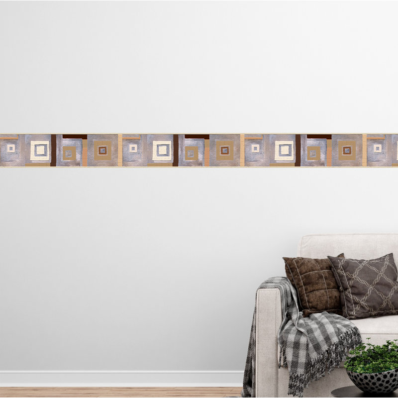 Bordure de papier peint à peler et coller - motif géométrique beige, mauve et carré, bordure rétro, 15 pi X 7 po, auto-adhésif