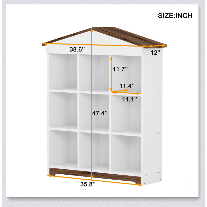 House-shaped Storage Rack with Nine Storage Compartments, Three-layer Storage Shelf with Colorblock Design, Brown/White