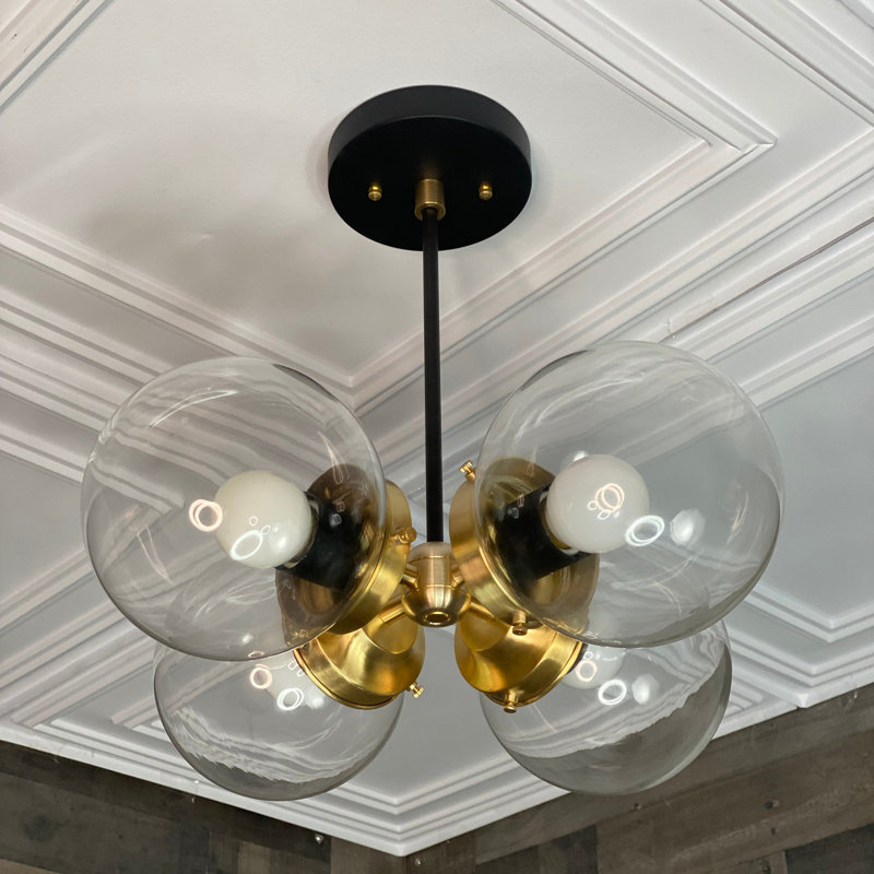 Lustre moderne 5 lumières Mid-Century, Laiton noir, Transparent