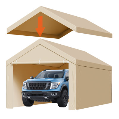 Abri de voiture 1 pièce en polyéthylène beige 10 x 20 pi avec housse pour abri d'auto robuste résistant aux rayons UV et imperméable avec parois latérales