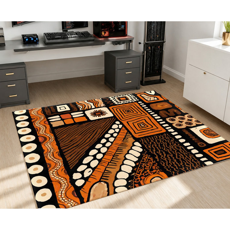 Tapis abstrait Boho Vivid Orange Black Brown, Rectangle 5 pi 3 po x 3 pi 3 po (160 x 100 cm)