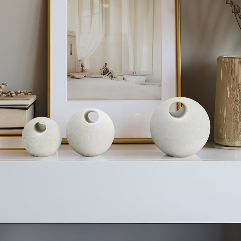 Abstract Resin Sphere Decoration Balls for Home Accents - Decorative Orbs for Living Room, Office, or Table Display - Set of 3, 6", 5", 4", White