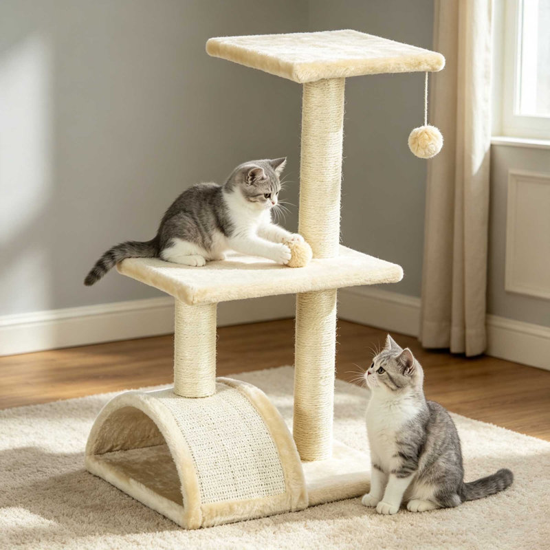 Cat Tree 72cm Kitten Activity Centre with Sisal Scratching Post, Scratching Pad & Hanging Toy Ball, Cream