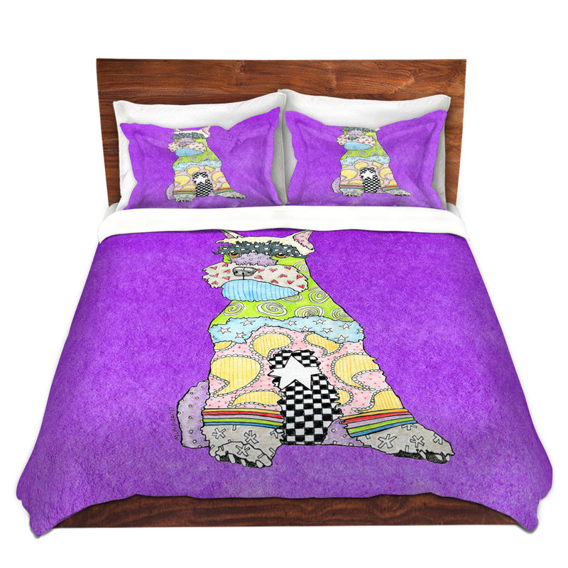 Ensemble de housse de couette schnauzer dog, 1 housse + 2 taies très grand lit, Mauve / jaune / gris