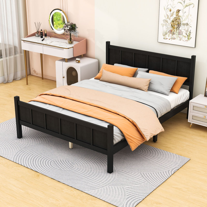 Lit plateforme en bois avec tête de lit, Noir, Grand lit